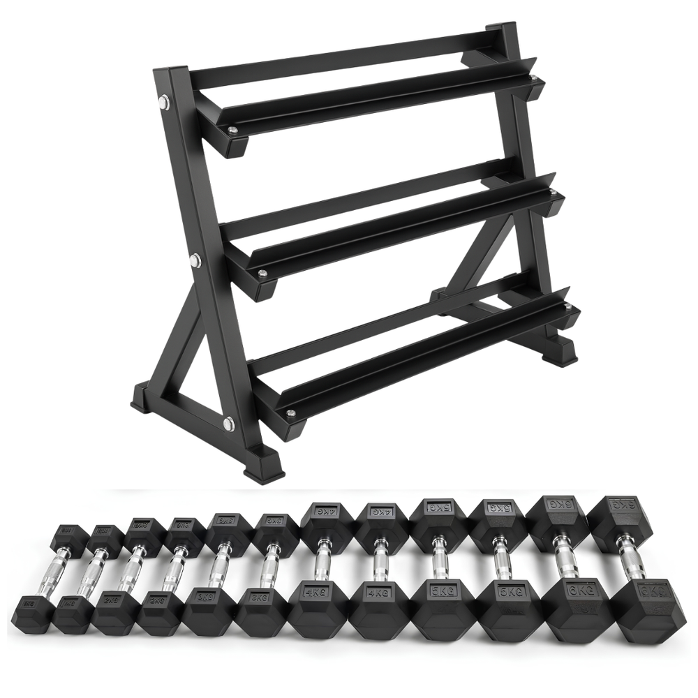 Conjunto de halteres Hexa - 2,5 a 15 kg com suporte para halteres