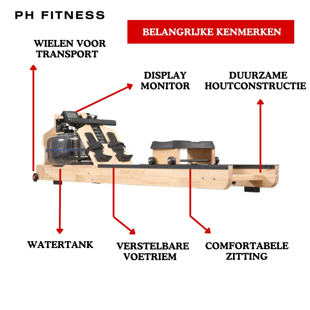 "Opvouwbare Roeimachine van Hout met - PH Fitness with Smooth Water Resistance"
