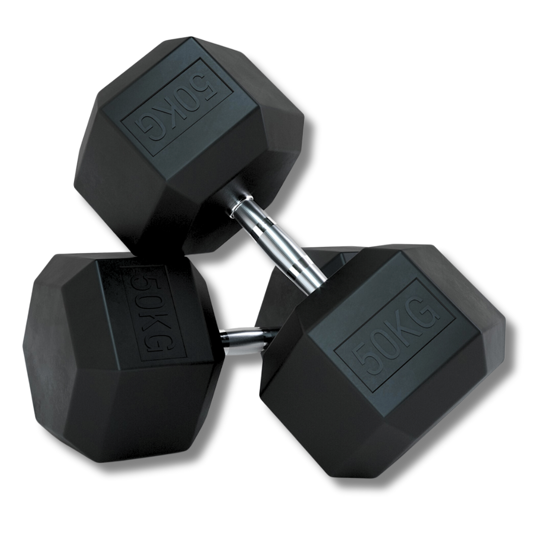 "Hex 50 kg dumbbells with stable, anti-roll design"
