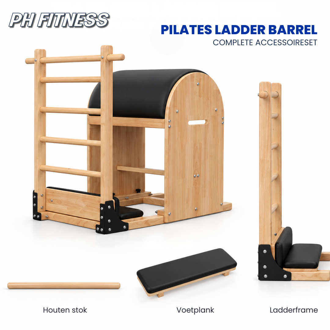 Complete accessoireset van de PH Fitness Pilates Ladder Barrel met houten stok, voetplank en ladderframe
