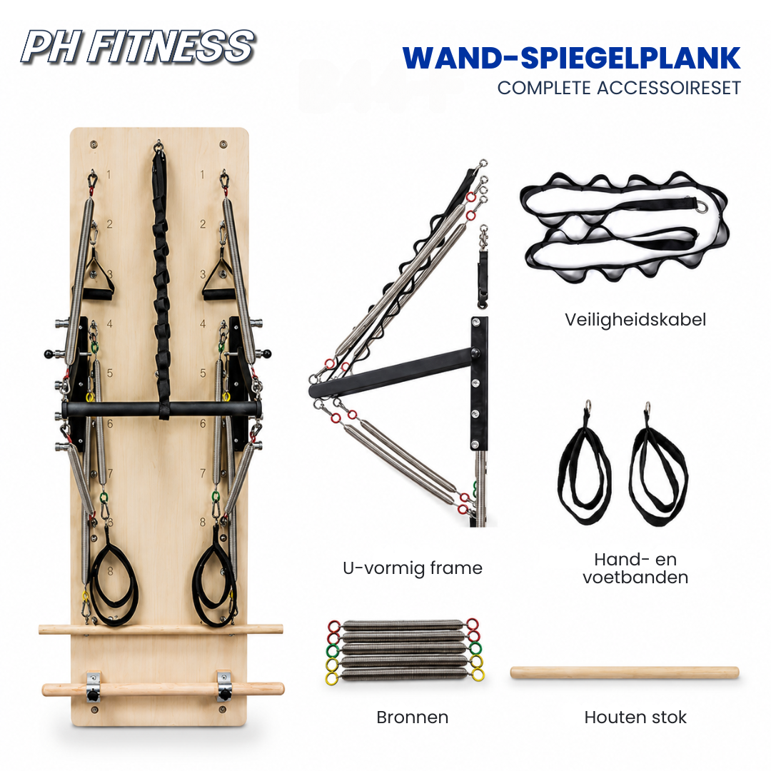 Complete accessoireset van de Pilates wandtrainer met veren, veiligheidskabel, banden en houten stok