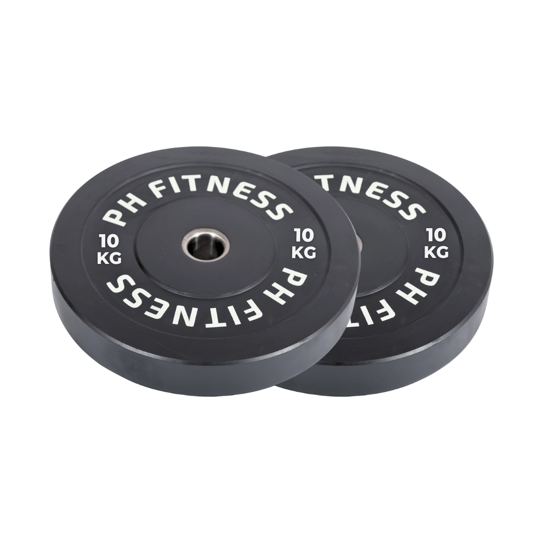 Twee PH Fitness olympische bumper plates van 10 kg op witte achtergrond