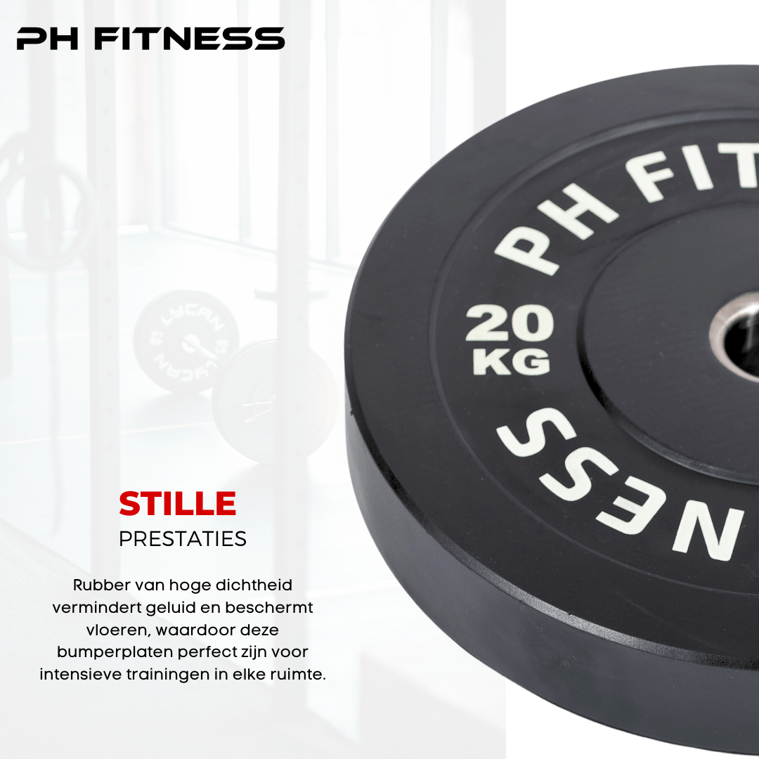 Close-up van een PH Fitness bumper plate van 20 kg met rubberen buitenzijde