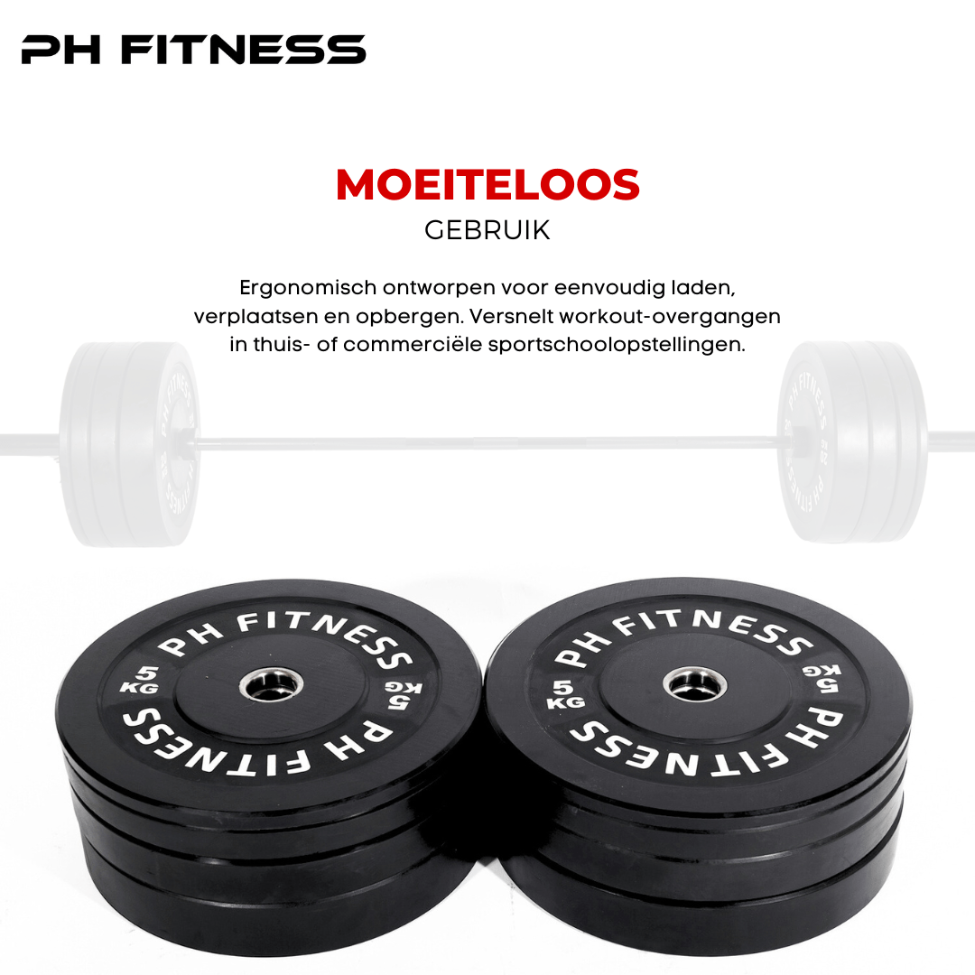 Twee stapels PH Fitness bumper plates van 5 kg naast een olympische halterstang