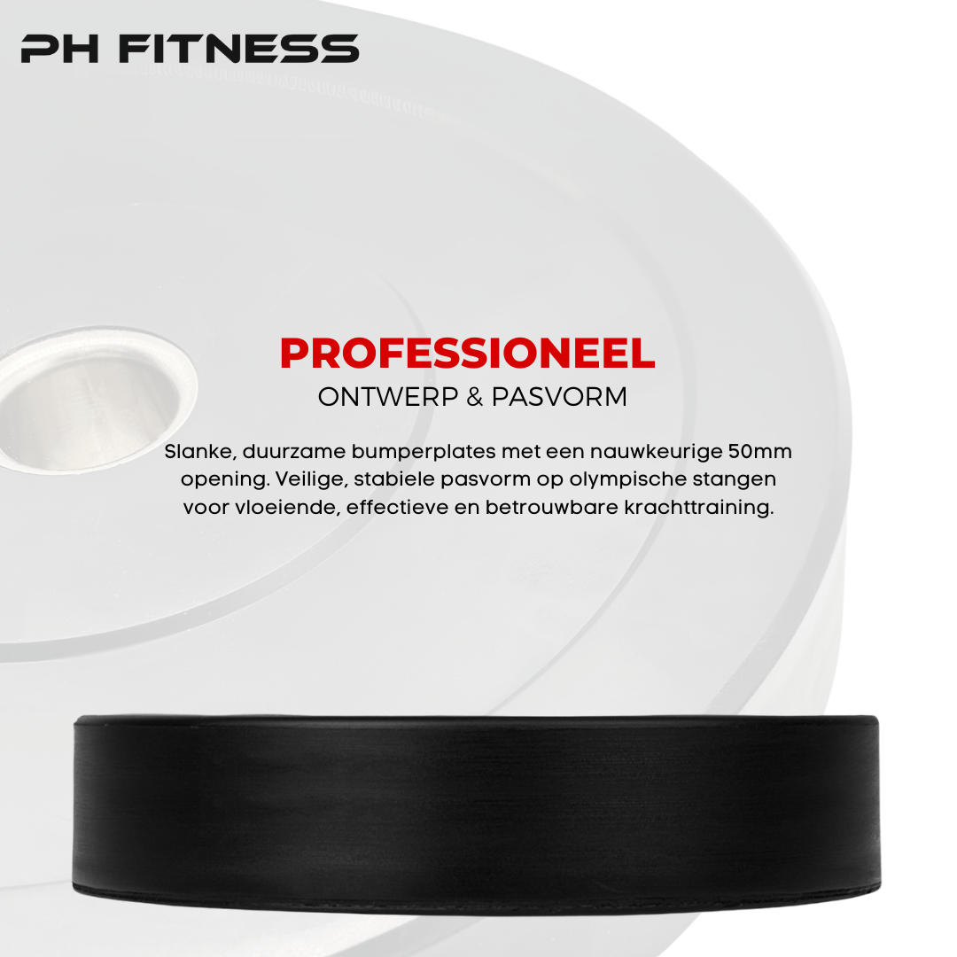 Informatiebeeld van PH Fitness bumper plate met 50 mm opening en zijaanzicht van de rand