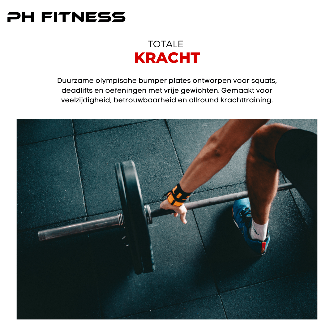 Bovenaanzicht van een atleet bij een halterstang met zwarte bumper plates