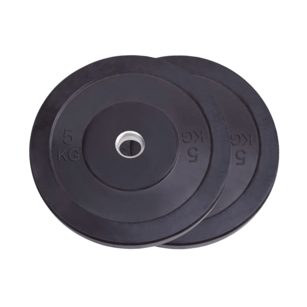 Twee zwarte PH Fitness bumper plates van 5 kg met metalen 50 mm opening op witte achtergrond