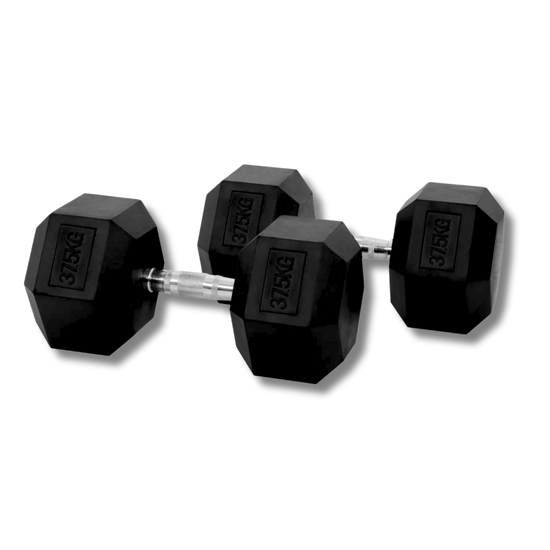 PH Fitness Hexa dumbbell 37,5 kg – zwarte rubberen koppen en chromen handgreep