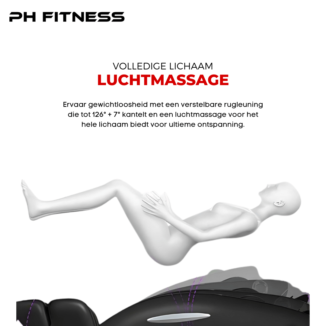 Illustratie van de ligstand en volledige lichaamsluchtmassage van de PH Fitness Massagestoel Wellness