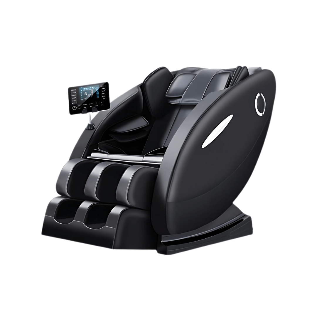 Zwarte PH Fitness Massagestoel Wellness – schuin vooraanzicht met voetmassage en touchscreen