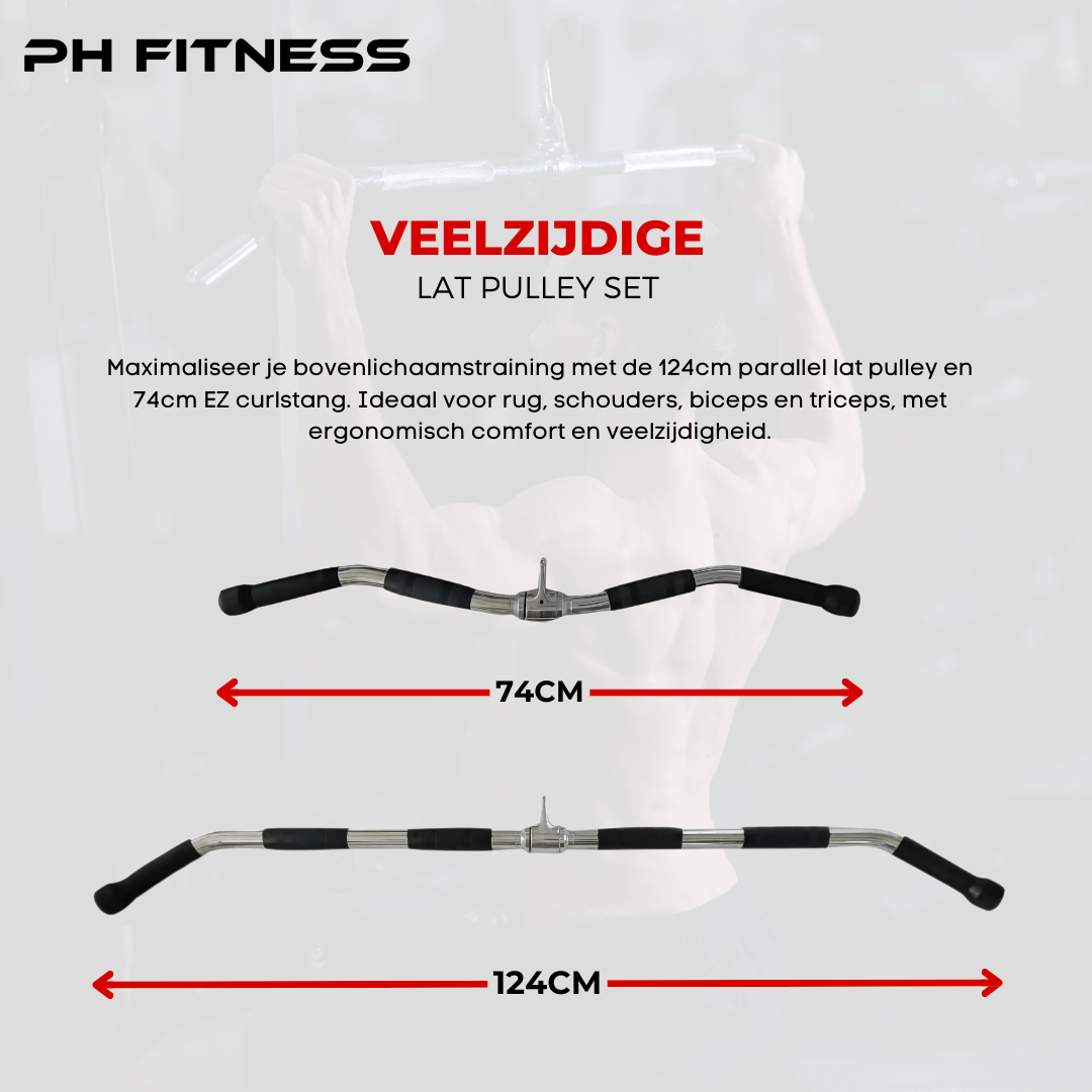 Afmetingenoverzicht van RVS lat pulley-stangen van 74 en 124 cm