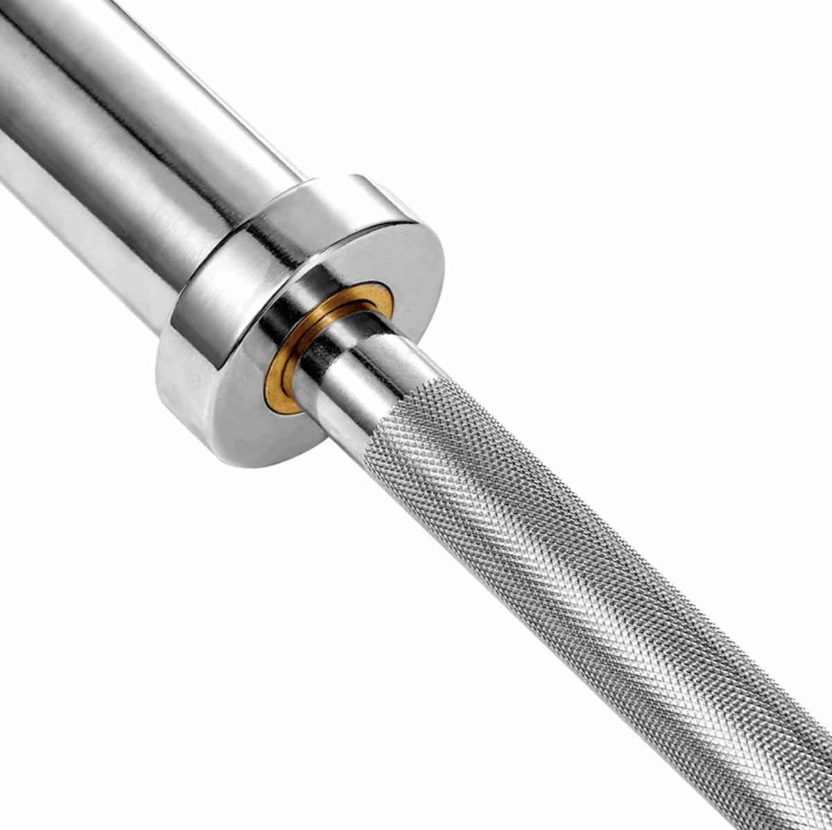 Close-up van de gekartelde greep en chromen sleeve van de PH Fitness olympische halterstang van 220 cm