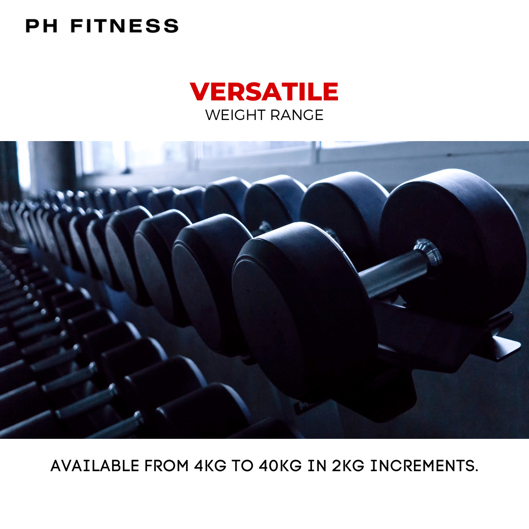 Ronde PH Fitness PU dumbbells van 4 tot 40 kg in stappen van 2 kg op een dumbbellrek