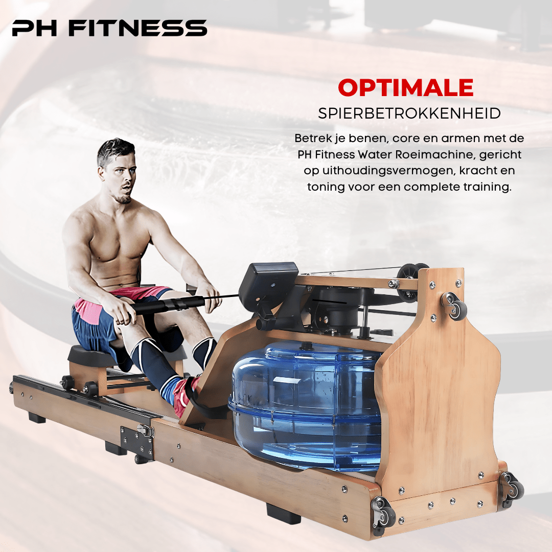 Sporter roeit op de PH Fitness houten Water Rower met waterweerstand