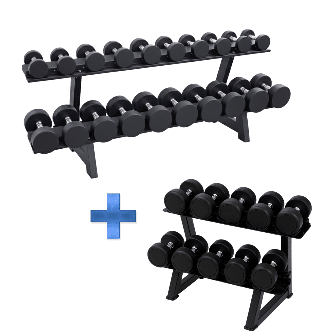 Ronde Dumbbell Set 2–30 kg met 2 - Laags Rack – Complete Halterset 480 kg met Vaste Gewichtsstappen voor Krachttraining, Fitness & Home Gym - PH Fitness