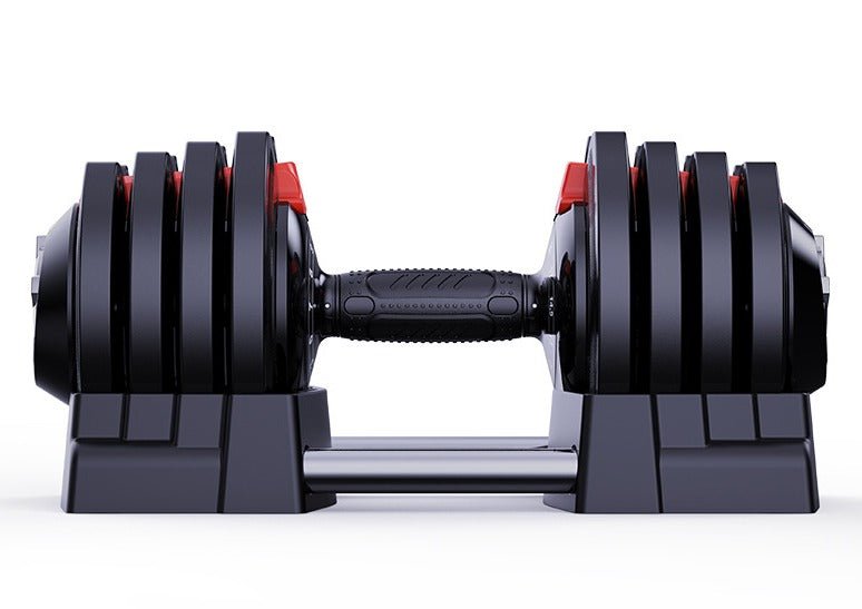 Verstelbare dumbbell met zwarte schijven in een opbergbasis