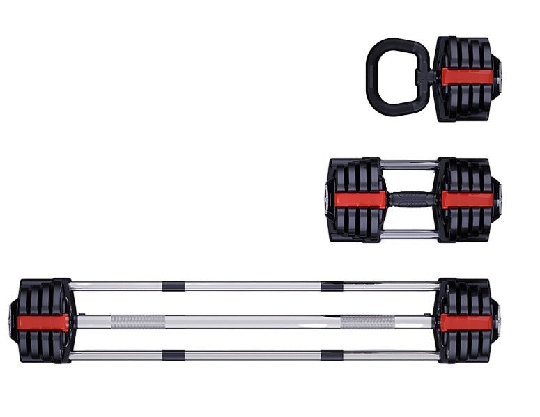 Verstelbare halterset als kettlebell, dumbbell en lange halter op witte achtergrond
