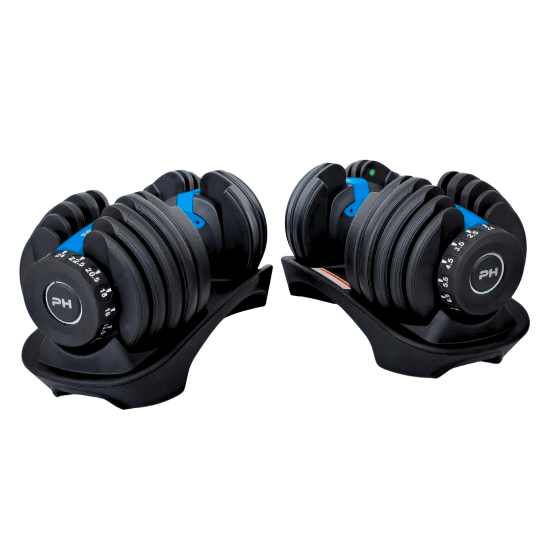 Blauwe PH Fitness Smart Series verstelbare dumbbells in hun opbergbases