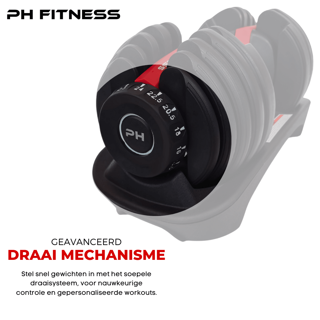 Draaisysteem van de PH Fitness Smart Series 24 kg dumbbell in de opbergbasis