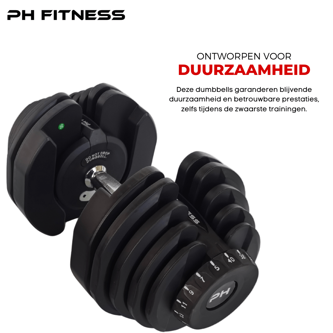 Twee zwarte PH Fitness Smart Series verstelbare dumbbells van 40 kg